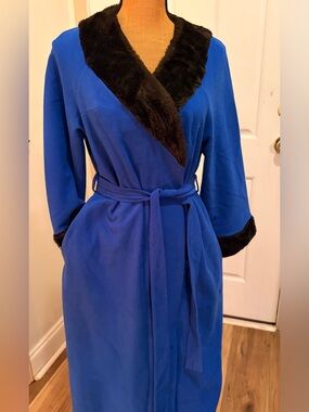 Vintage 70s Shadowline Royal Blue Faux Fur Trim Maxi Robe Medium